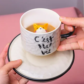  3D Pisica Ceramica Cana de Cafea Cu Tavă de Lapte Cesti de Ceai se Ocupe de Portelan Cana de Cafea Noutate mic Dejun Cani de Ziua de nastere Cadouri de Craciun
