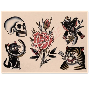  Craniul\Crescut\Cat\Tigru Tatuaj de Arta Postere si Printuri de Arta de Perete pictură Murală de Epocă Hârtie Kraft Pictura Autocolante de Perete Bar Cafenea Decor Acasă