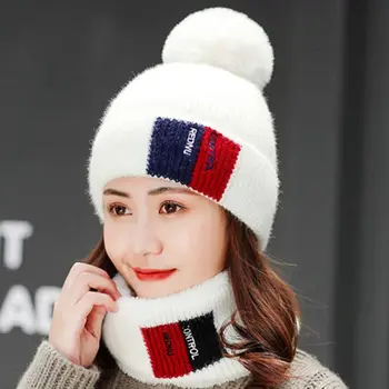  Femei Iarna Pălărie Tricotate Capac Bonnet Set cu Faux Blana Pom și Gât mai Cald cu o Grosime de Lână Căptușite Doamna Moale Căciuli 2021 Fete