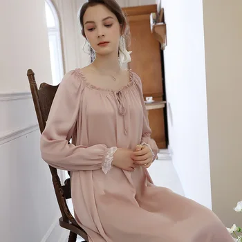  Maneca Lunga Din Satin Cămașă De Noapte Sexy Sleepwear Doamna Cămașă De Noapte Cu Dantelă Franceză Roz Îmbrăcăminte De Noapte De Somn Dressing Pierde Acasă Îmbrăcăminte